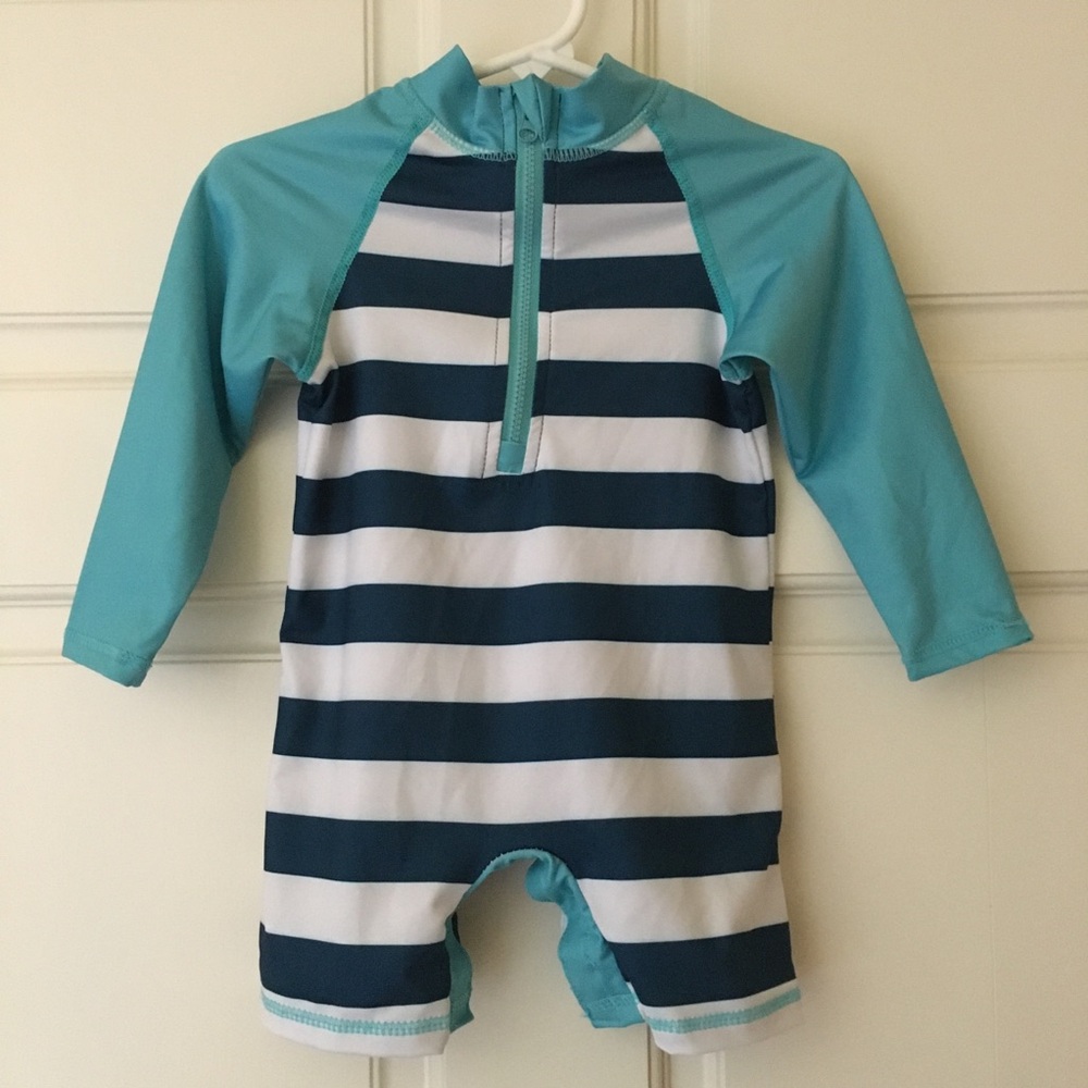 Baby 6-12M Striped Long-Sleeve Rash Guard Swimsuit Navy & Teal Zip Besser Bay